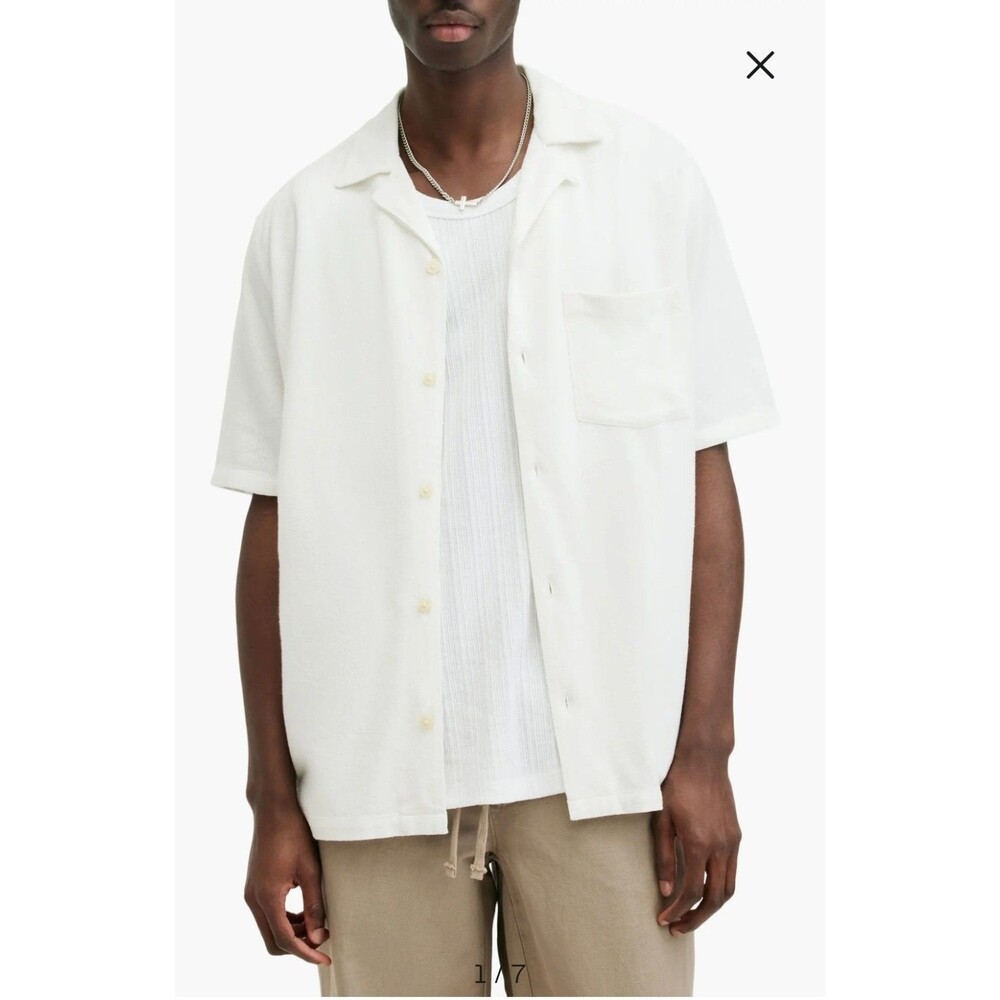 AllSaints Mens Relaxed Fit Cudi SS Oatmeal White  Button Down Casual Shirt XL